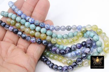 Natural Faceted Agate Beads, Electroplated Agate BS #221, Aqua, Blue and Yellow Lime, White Colorful Beads, sizes 8 mm 14 inch FULL Strands - A Girls Gems